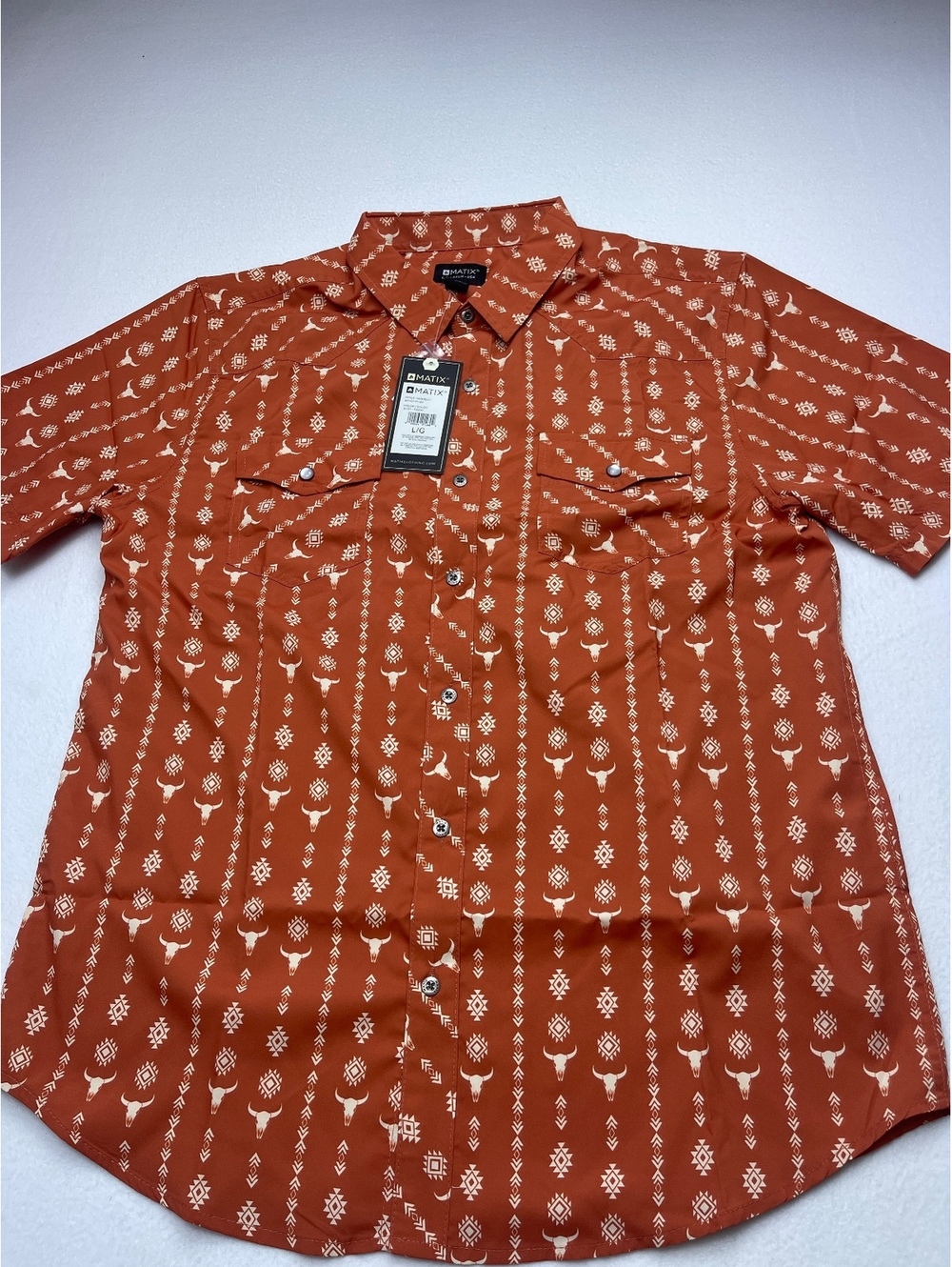 Matix Men's Short Sleeve Button-Up Shirt in Rust with Southwestern Print